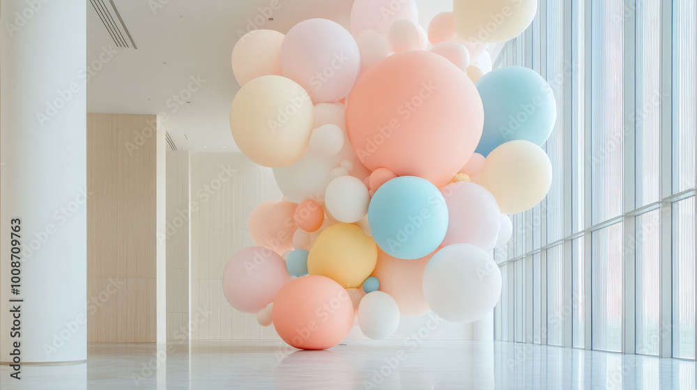 Poster colorful spheres in geometric installation create vibrant and playful atmosphere in modern space. so