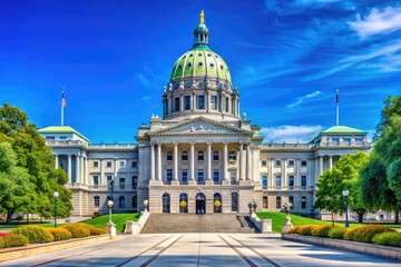 Obraz premium Stunning View of the Pennsylvania State Capitol Building in Harrisburg Under a Clear Blue Sky