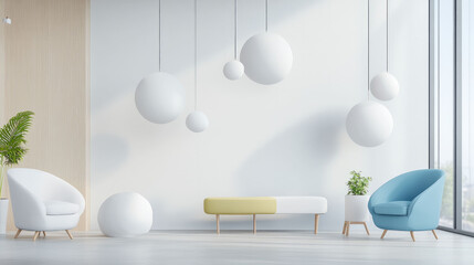 modern interior design featuring geometric spheres and stylish furniture, creating serene and productive atmosphere. space is bright and inviting, perfect for relaxation or work