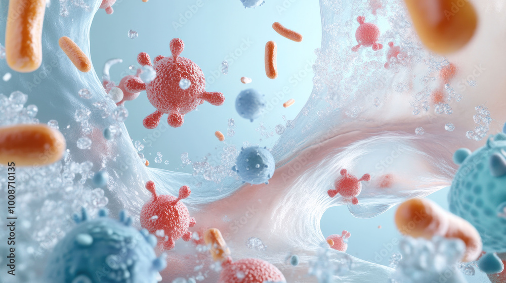 Poster Microbial clusters are depicted in this vibrant 3D illustration, showcasing various microorganisms interacting in fluid environment. colorful representation evokes sense of complexity and life