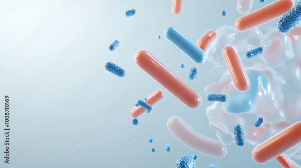 Poster microbial clusters are depicted in this 3d illustration, showcasing various shapes and colors of bac