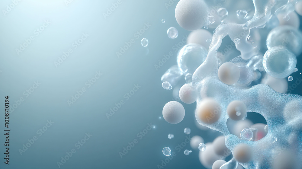 Poster captivating display of 3d microbial life clusters, showcasing organic textures and bubbles in serene