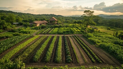 Fototapeta premium Lush Green Farmland with Rustic Houses at Sunset