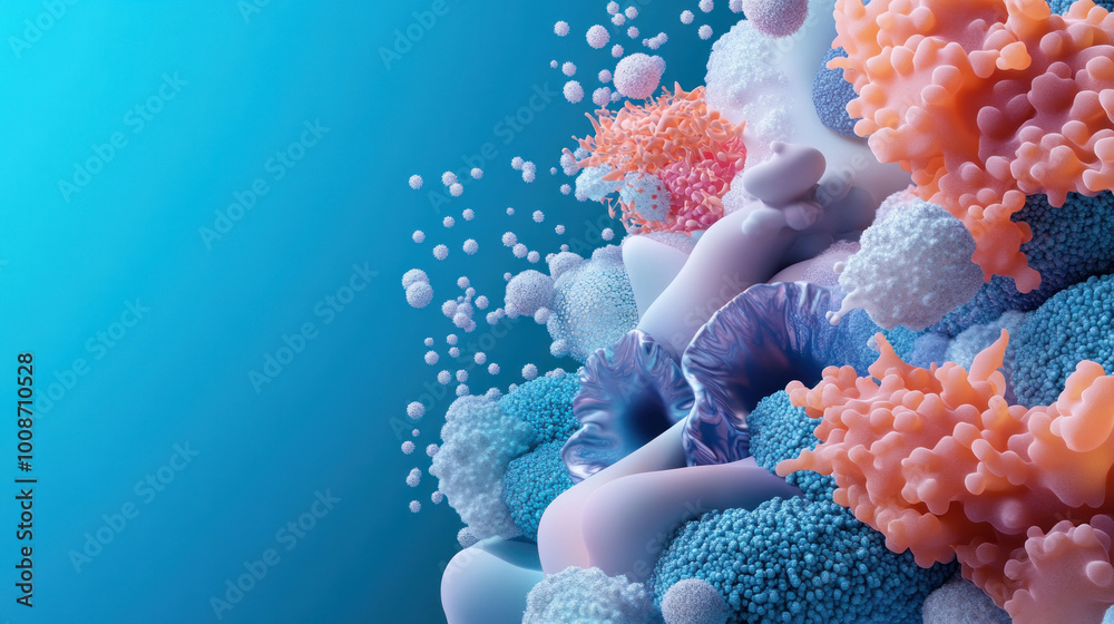 Poster this showcases vibrant microbial life clusters with intricate 3d textures, featuring organic shapes 