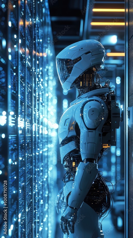 Poster futuristic robot stands in a high-tech environment, showcasing advanced technology and integration o