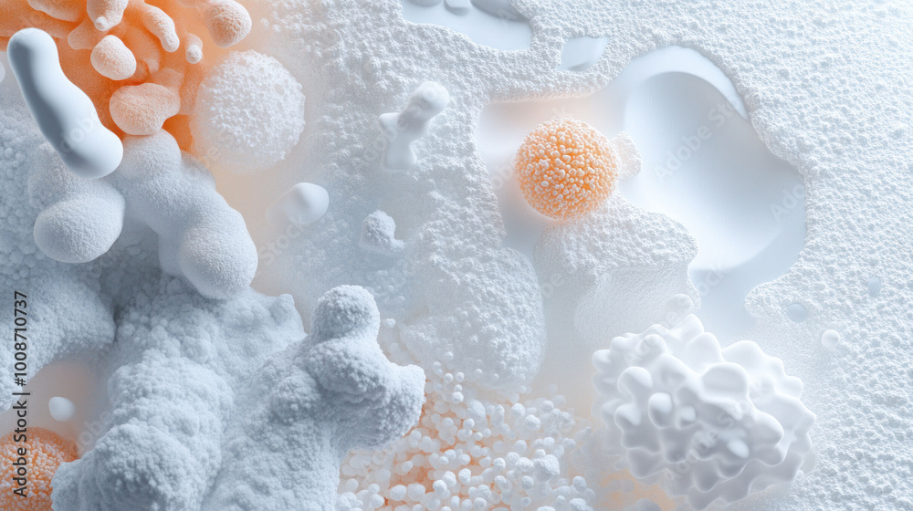 Poster microbial life clustering in 3d form with organic textures and colors creates fascinating visual. in