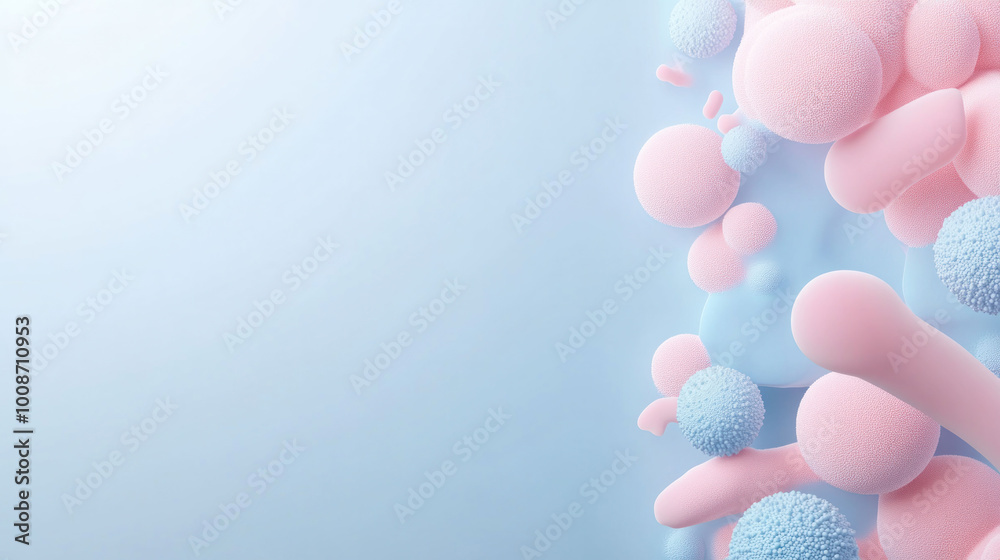 Fototapete Microorganisms forming clusters in 3D design with soft pastel colors, creating visually appealing and abstract representation of microscopic life