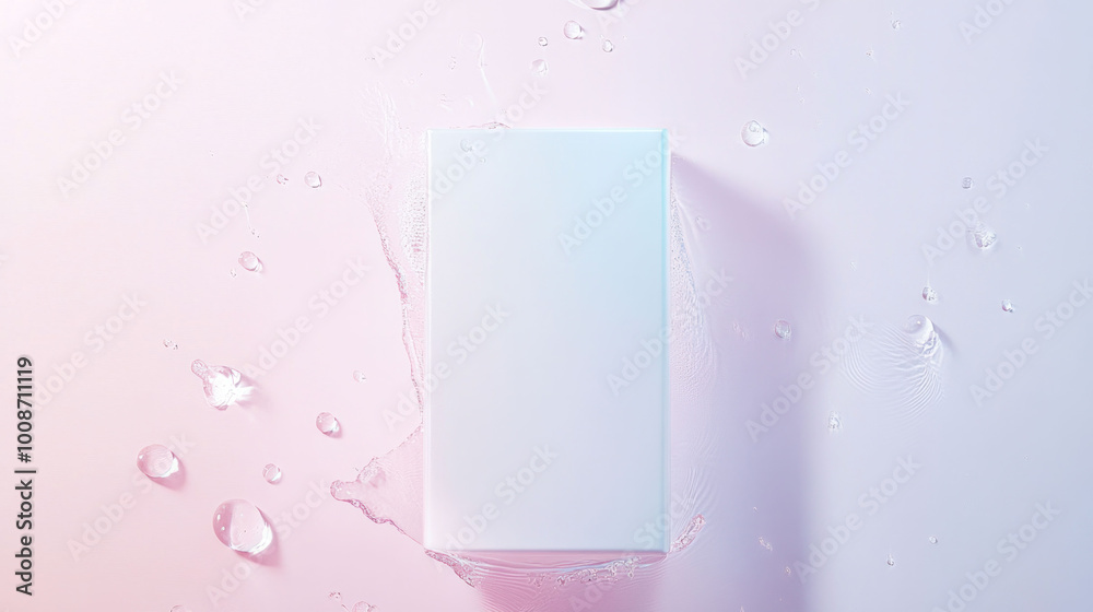 Poster minimal pastel packaging in hero shot with water droplets, creating serene and fresh atmosphere. sof