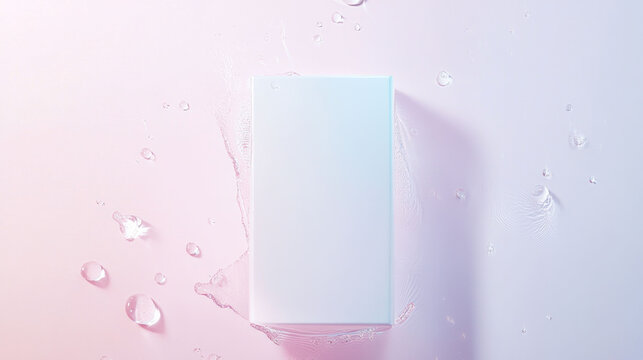 Minimal pastel packaging in hero shot with water droplets, creating serene and fresh atmosphere. soft colors and clean design evoke sense of calm and elegance