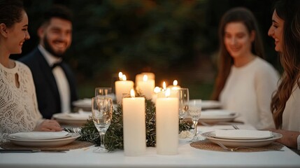 A cozy outdoor dinner setting featuring elegantly dressed guests, flickering candlelight, and a beautifully set table, creating an intimate atmosphere.