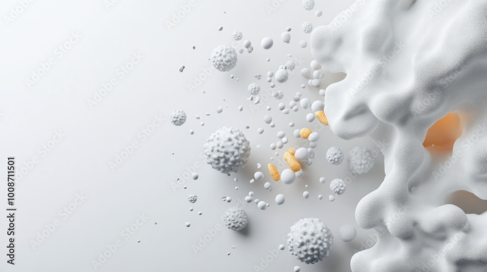 Poster organic microbial clusters in 3d textured environment, showcasing various shapes and sizes of microo