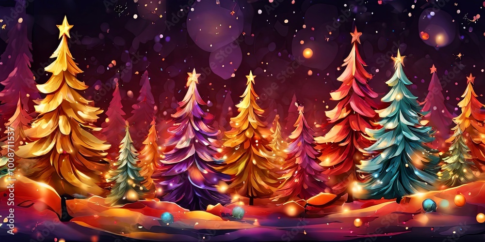 Poster a colorful christmas scene with many trees and a star