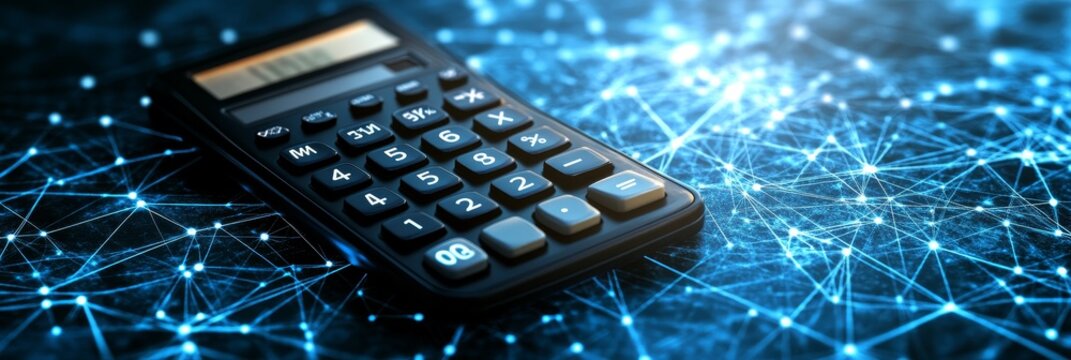 Black Calculator On Blue Abstract Technology Background With Connecting Lines, Dots, And Triangles