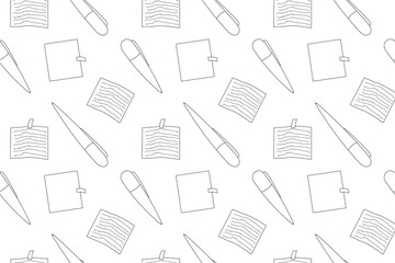 A seamless black and white pattern featuring pens, sticky notes, and paper. Great for kids coloring pages or back-to-school themes.