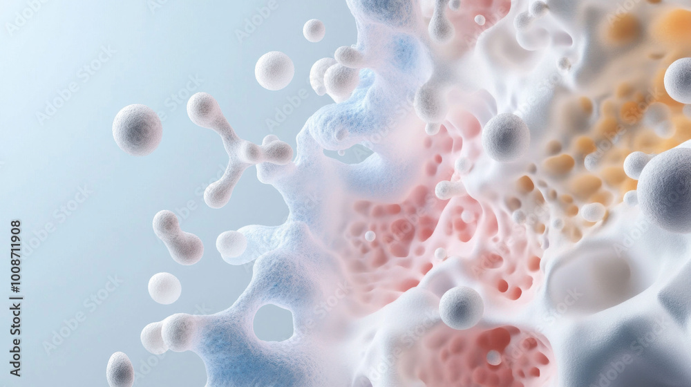 Poster Organically textured microbial clusters form intricate 3D structures, showcasing blend of colors and shapes. This captivating image highlights beauty of microscopic life