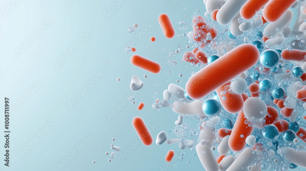Poster organically textured microbial clusters create vibrant and dynamic composition, showcasing mix of sh