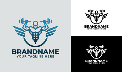Modern Fitness Logo Design Template with Muscular Winged Figure
