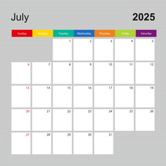Calendar page for July 2025, wall planner with colorful design. Week starts on Sunday.