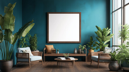 Fototapeta premium Blank frame mockup on a wall in a blue room with an armchair and plants. AI generation.
