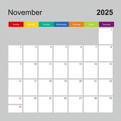 Calendar page for November 2025, wall planner with colorful design. Week starts on Sunday.