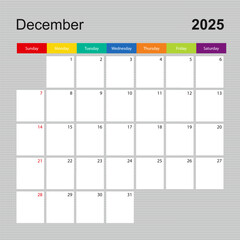 Calendar page for December 2025, wall planner with colorful design. Week starts on Sunday.