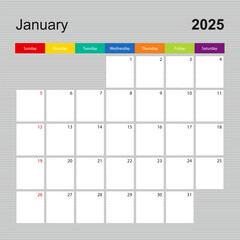 Calendar page for January 2025, wall planner with colorful design. Week starts on Sunday.