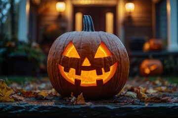 Fototapeta premium Halloween jack-o’-lantern on a porch. 
