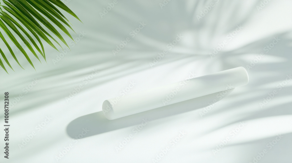 Poster minimalist white tube rests on soft surface, surrounded by gentle shadows and green leaf, creating serene and calming atmosphere