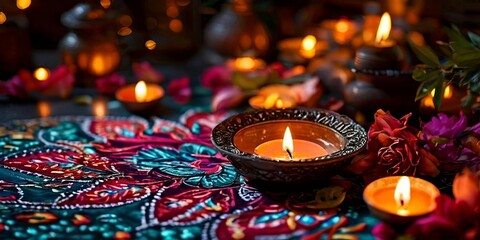 A table with many candles and a patterned cloth