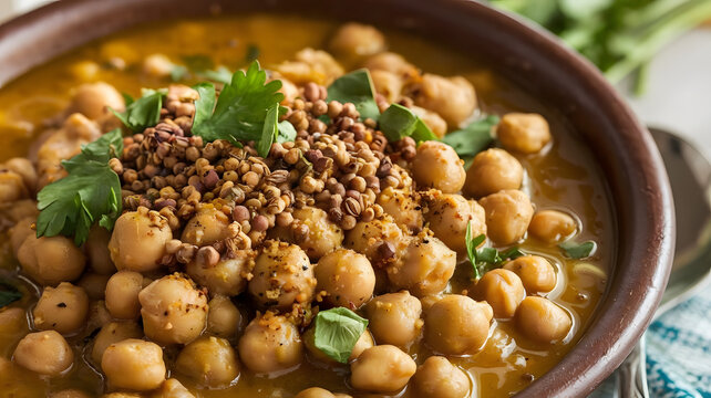 A close-up shot of a rich bowl of chickpea stew (lablabi), topped with cumin, olive oil, and a sprinkle of fresh parsley.
