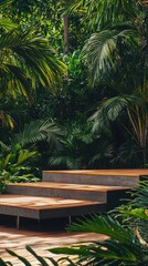 Fototapeta premium Lush greenery surrounding contemporary wooden steps in a tropical atmosphere, perfect for nature and landscape photography.