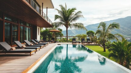 Fototapeta premium Luxurious villa with a serene pool, surrounded by palm trees and scenic mountains, perfect for relaxation and vacation.