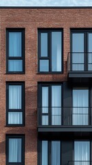 Obraz premium Modern apartment building facade featuring elegant brickwork, large windows, and stylish balconies with sheer curtains.