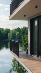 Modern balcony overlooking serene lake surrounded by lush greenery, inviting relaxation and outdoor living in nature's beauty.