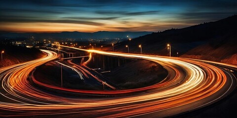 A highway with a curve and a city in the background