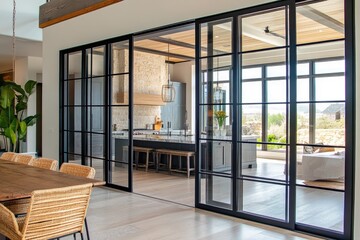 Fototapeta premium Modern home with glass doors. Glass doors separating kitchen and dining room.