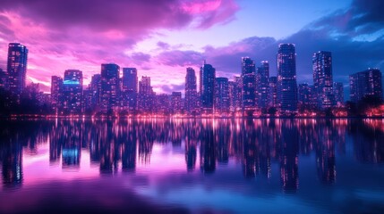 Fototapeta premium A vibrant city skyline at sunset, reflected in a calm lake, with