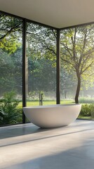 Fototapeta premium Modern bathroom with a serene view, featuring a freestanding tub surrounded by large glass windows and lush greenery.