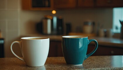 Fototapeta premium coffee mug sits on a table in front of a dark background. 1