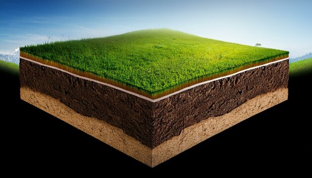 Vue de coupe 3D d'un sol avec diff&eacute;rentes couches de terre