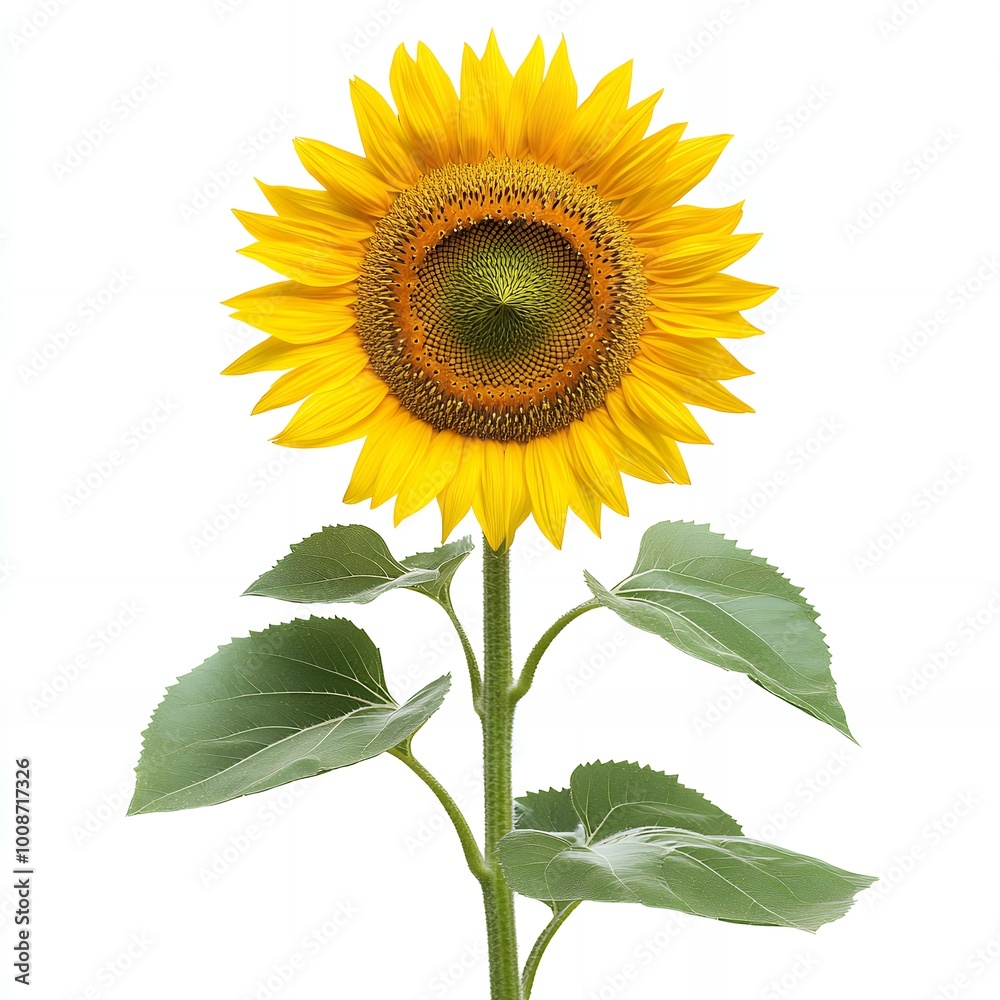 Wall mural A vibrant yellow sunflower with green leaves.