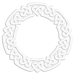 Celtic circular frame with hearts, white. Linear border made with Celtic knots, which looks like a plaster ornament, for use in St. Patrick's Day designs.