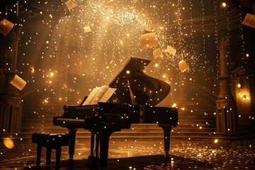 A classical music score glowing with sparkling notes and floating instruments around it.