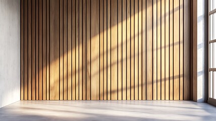  Wall with wood background. Panels with wood texture. Vertical slats in the interior design of an empty studio room. 3D architecture with window shadow overlay. 