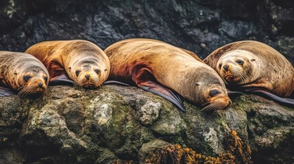 Fototapeta premium Four sea lions resting on a rocky shore, showcasing their natural habitat.