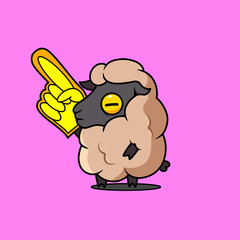 Cartoon Sheep with Foam Finger on Pink Background