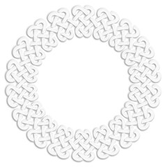 Celtic knot braided circular frame, white. Linear border made with Celtic knots, which looks like a plaster ornament, for use in St. Patrick's Day designs.