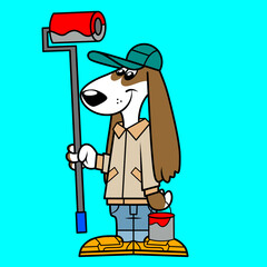 Cartoon Dog Painter Holding a Red Paint Roller