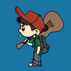 Cartoon Boy Walking with Guitar in Red Cap