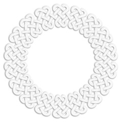 Celtic knot braided circular frame, white. Linear border made with Celtic knots, which looks like a plaster ornament, for use in St. Patrick's Day designs.